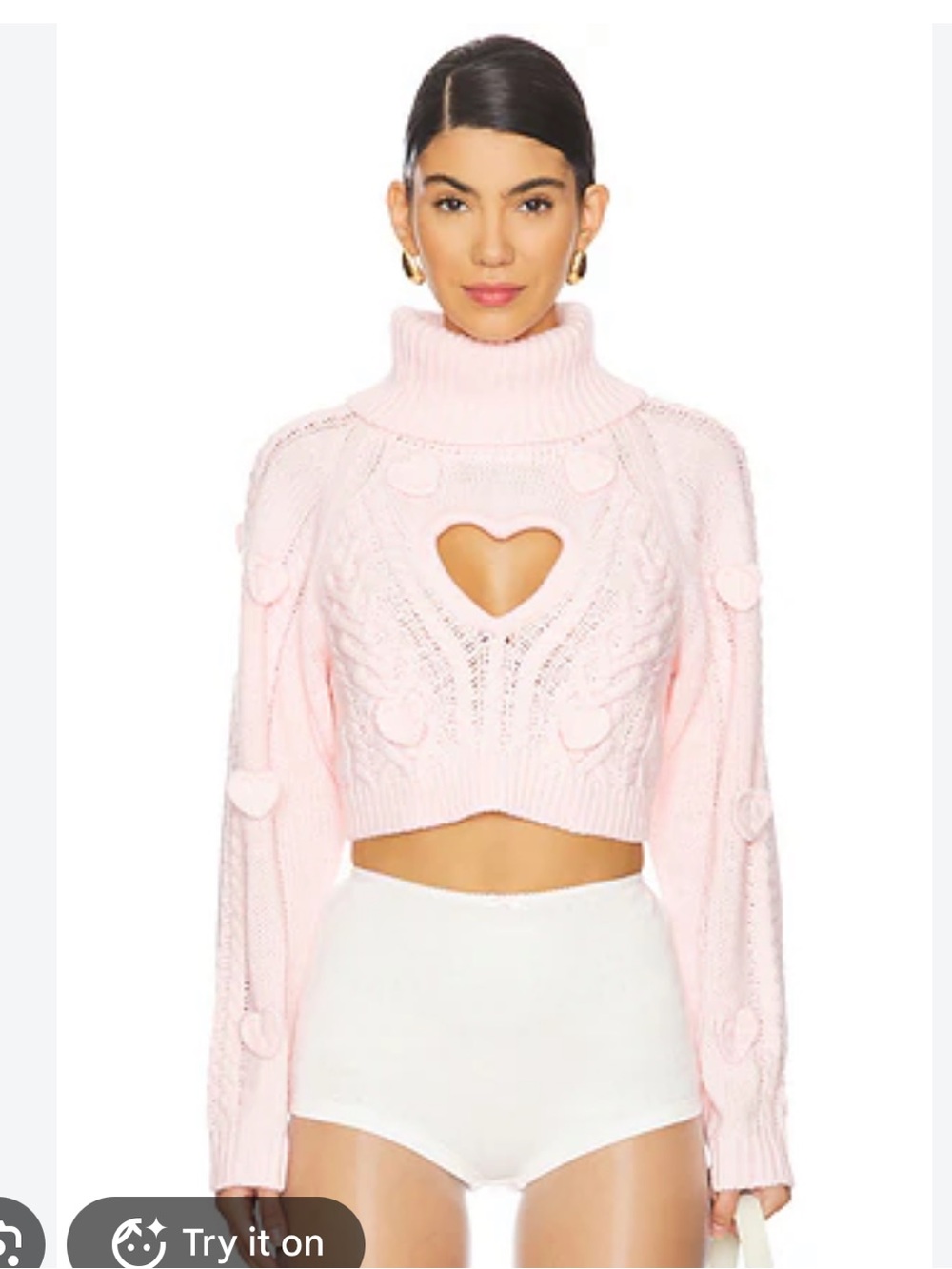 For Love & Lemons Rebecca Heart Pink Cropped Turtleneck Sweater L